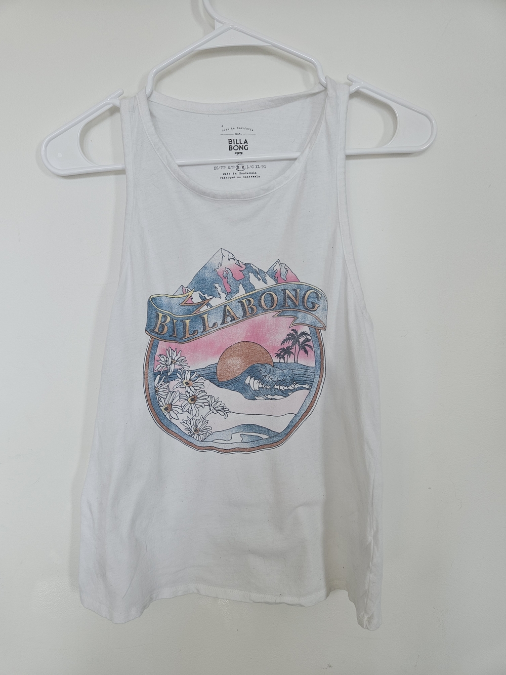 Billabong Graphic Tank Top | White Surf Wave Mountain Sunset Print | Size M🔥